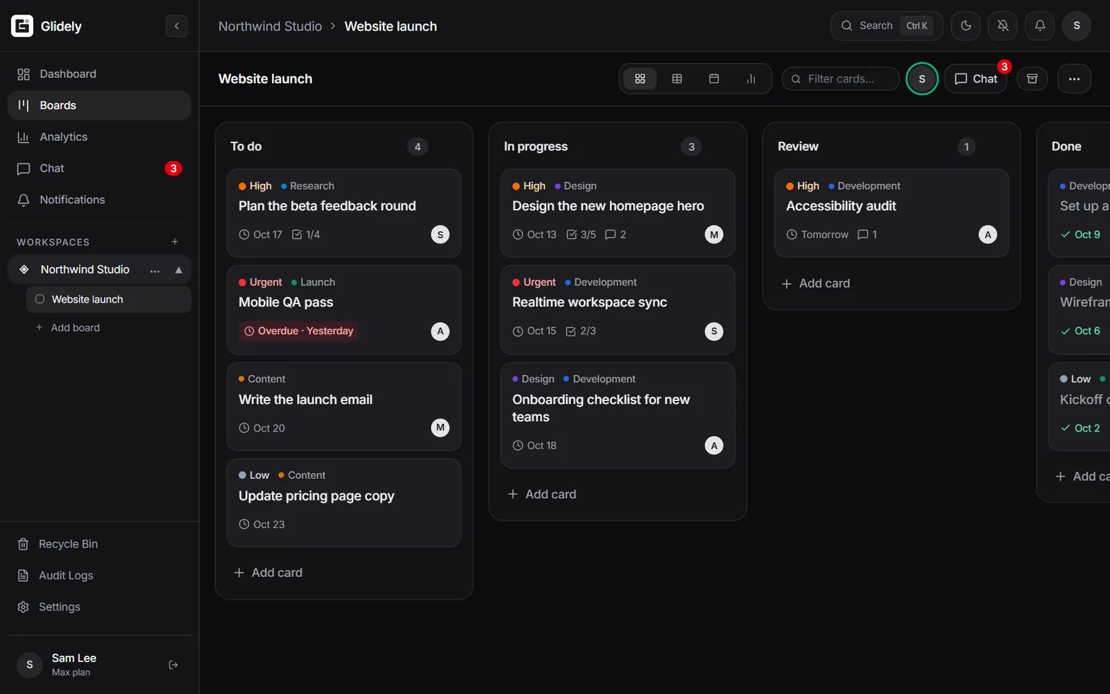 A Glidely board in dark mode with To do, In progress, Review and Done lists